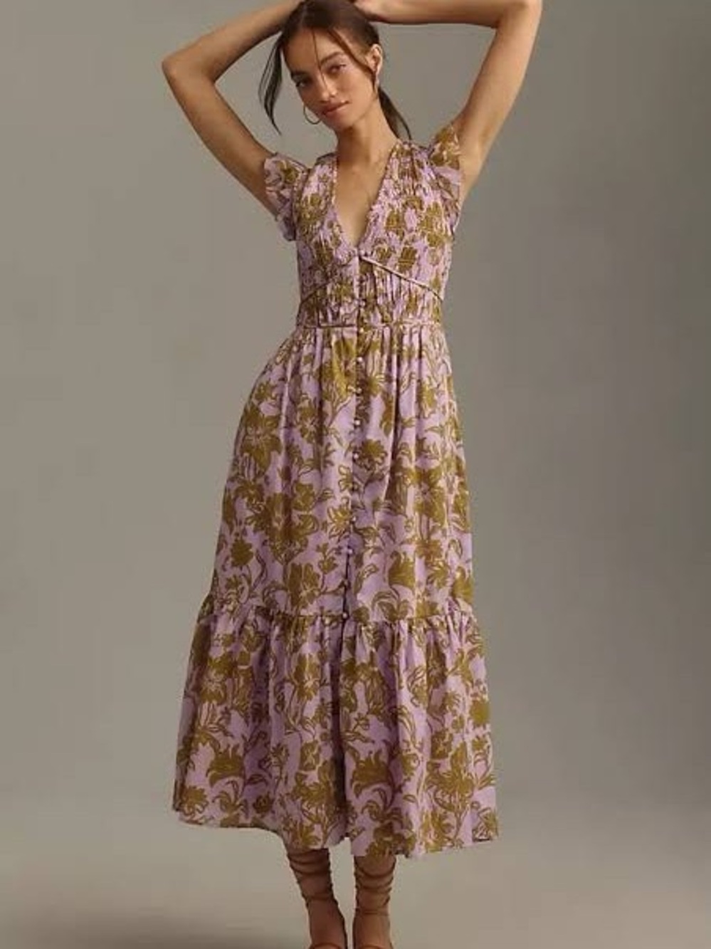 Anthropologie Lavender and Olive Floral Tiered Midi Dress